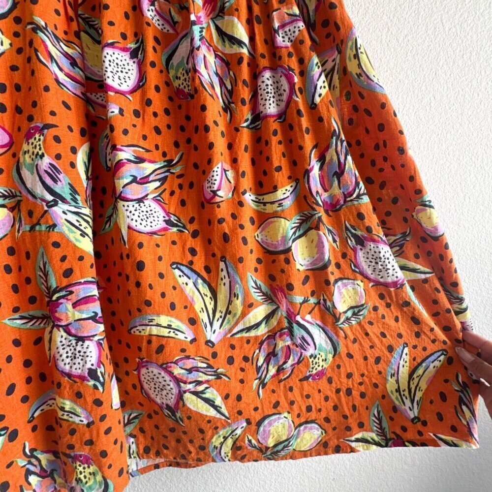 Anthropologie Kourt Aria Linen Tropical Short Dress Pockets Fruit Bird Medium - Picture 11 of 14